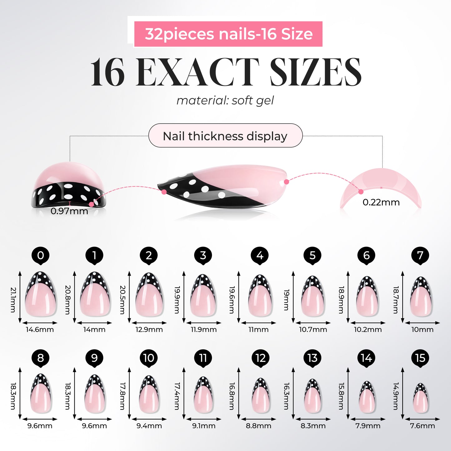 Set of 32 medium soft gel press-on nails in 16 sizes with pink and black polka dot design, 0.22mm thickness.