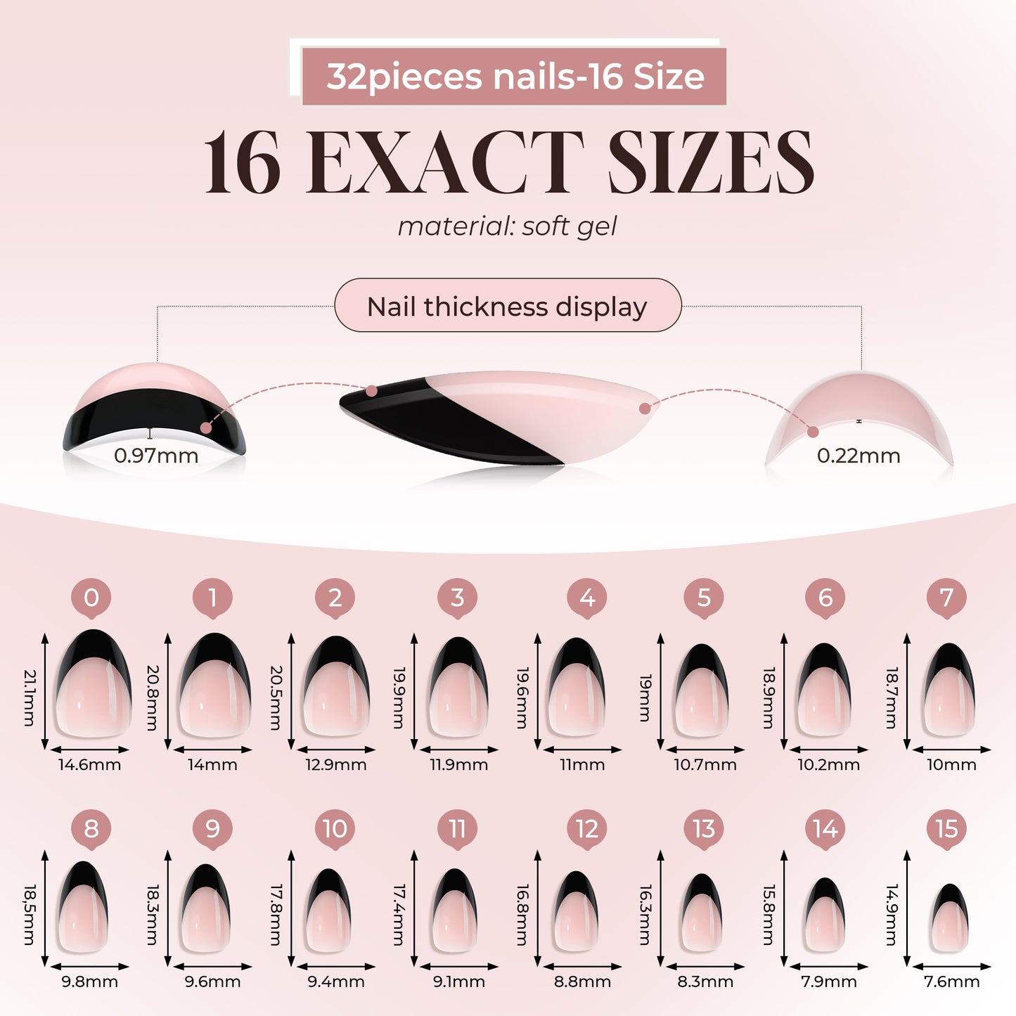 Black French tip press-on nails in almond shape, short soft gel style by UNA GELLA, reusable nail tips for a sleek look.