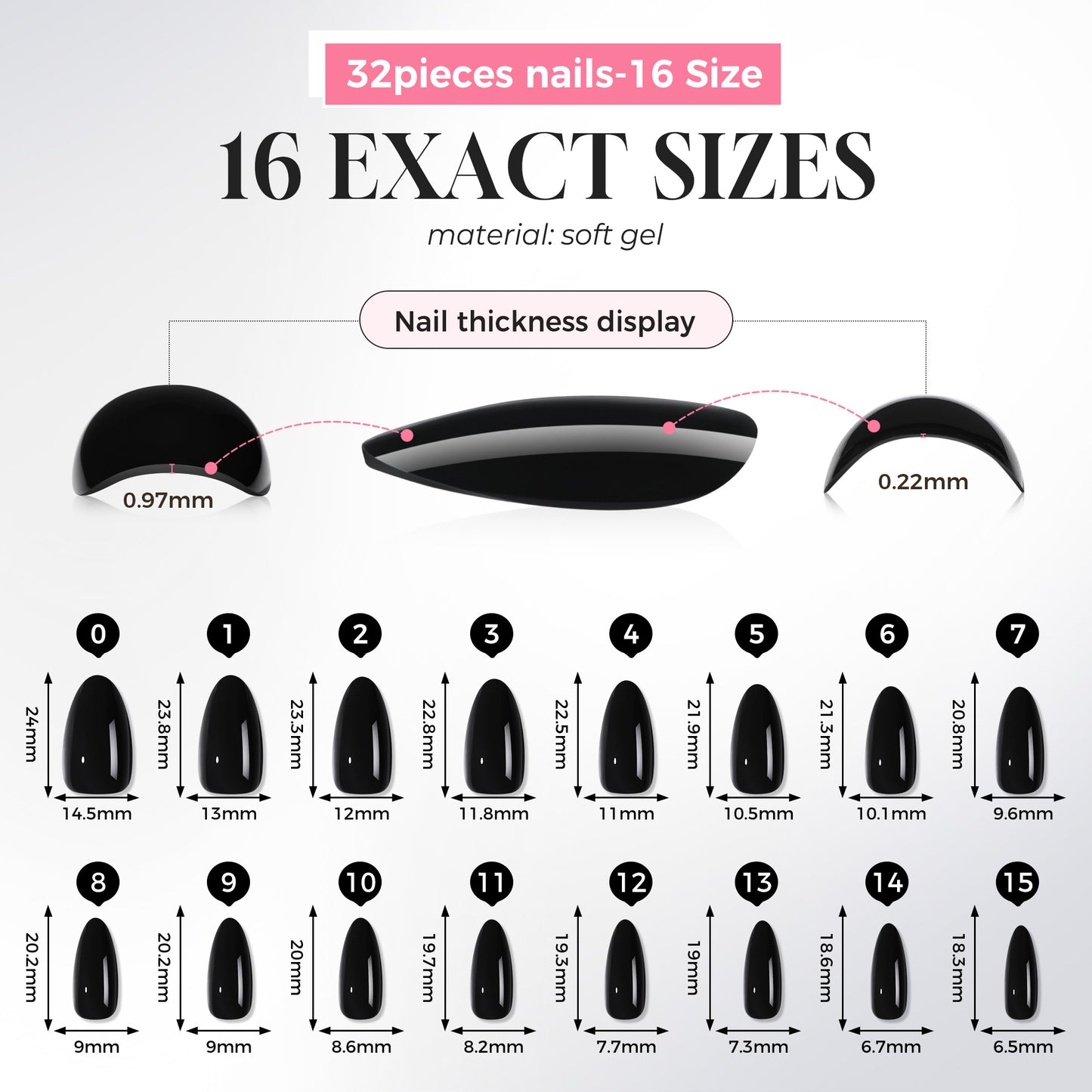 UNA GELLA black press-on nails, medium almond-shaped, reusable gel nail tips, 32-piece set for DIY manicures.