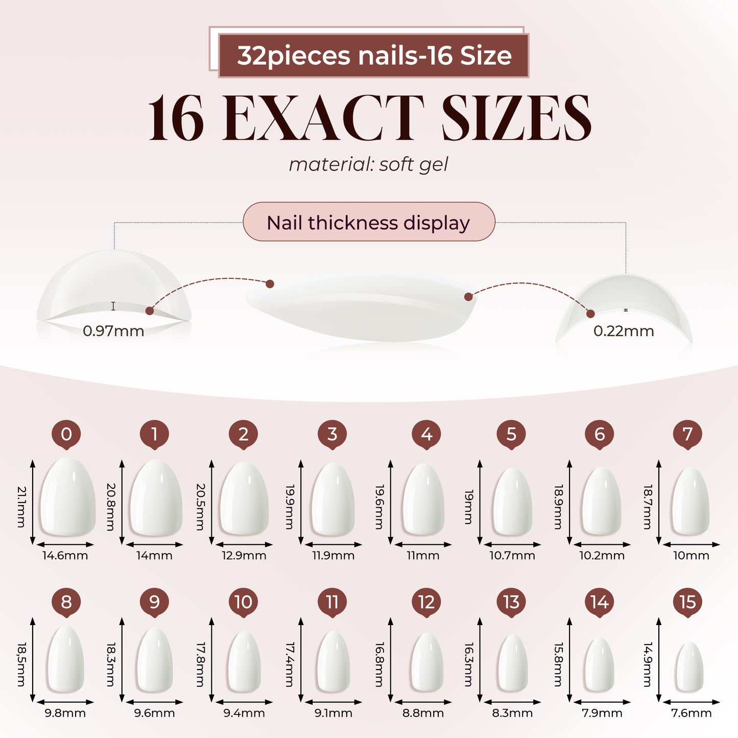 Milky white almond-shaped press-on nails by UNA GELLA, short soft gel nail tips, reusable with 16 sizes shown.
