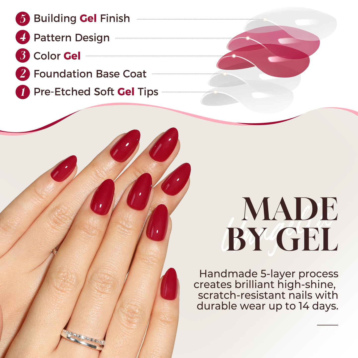 Red almond press-on nail tips by UNA GELLA, soft gel finish, 32-piece set with 16 sizes, natural-looking nail enhancement.
