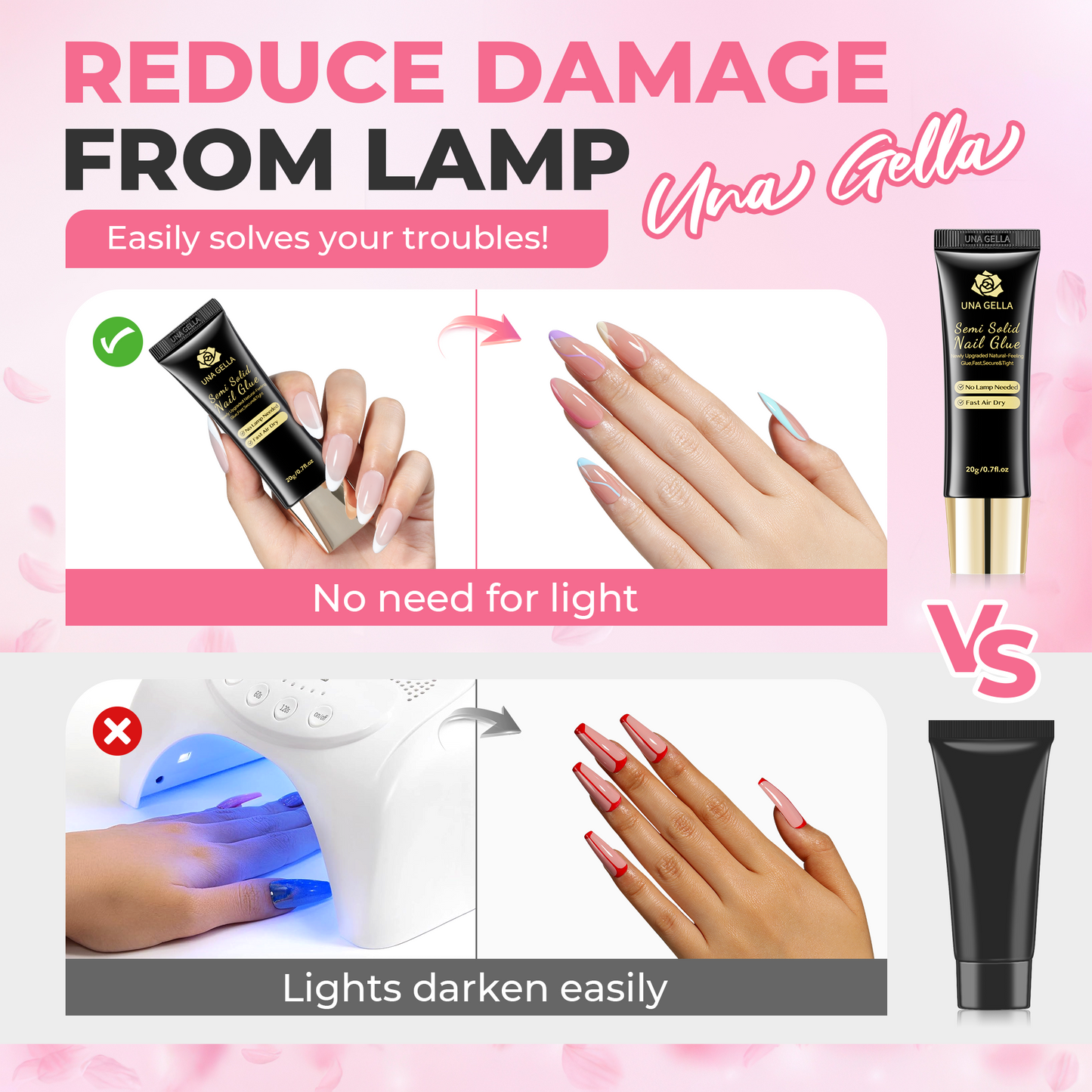 UNA GELLA semi-solid nail glue 20g for press-on nails, featuring fast curing and strong adhesion, ideal for secure nail application.