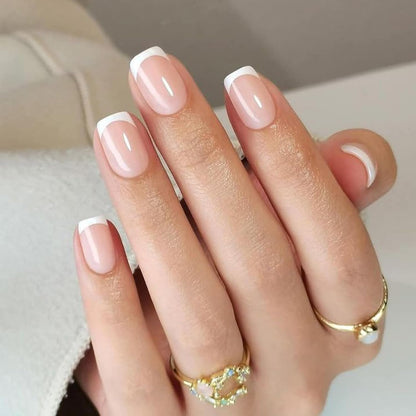 UNA GELLA Short Square Soft Gel French Tip Press On Nails Nude Pink 32Pcs 16 Sizes
