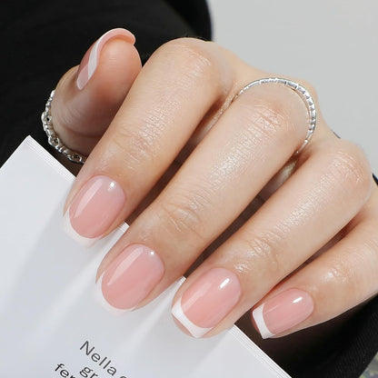 UNA GELLA Short Square Soft Gel French Tip Press On Nails Nude Pink 32Pcs 16 Sizes
