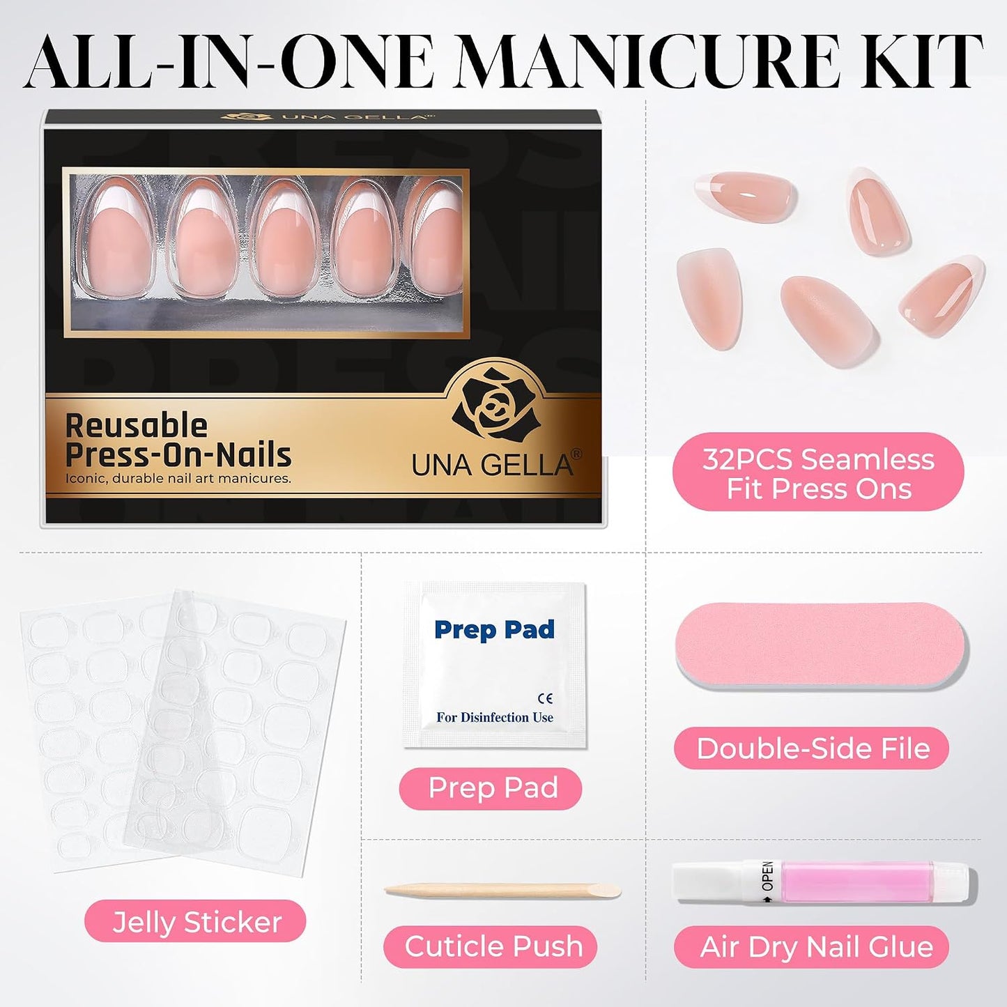 UNA GELLA Short Oval Soft Gel 32Pcs 16 Sizes Press on Nails Pink