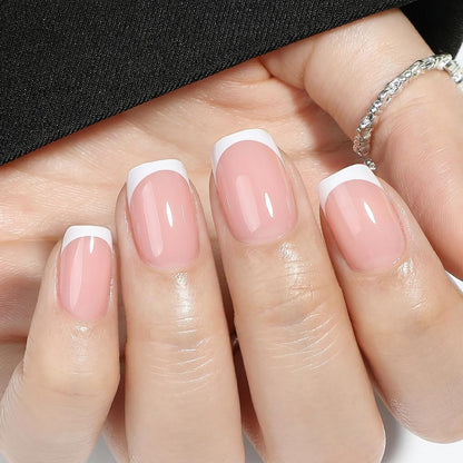 UNA GELLA Short Square Soft Gel French Tip Press On Nails Nude Pink 32Pcs 16 Sizes