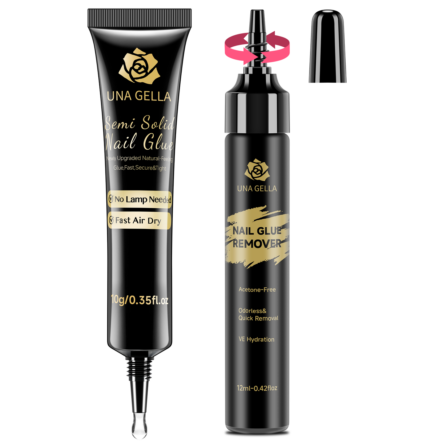 UNA GELLA lamp-free semi-solid nail gel remover kit for press-on nails, featuring gel remover with no curing lamp required.