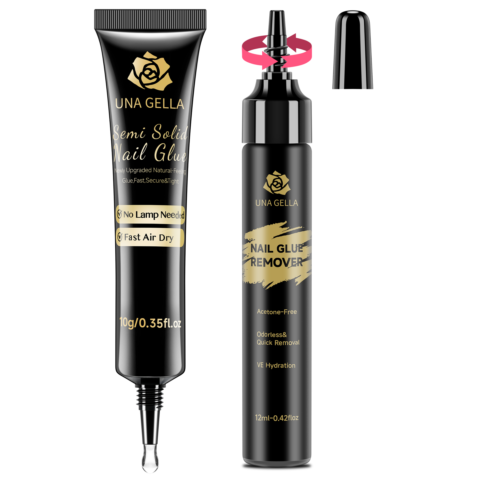 UNA GELLA lamp-free semi-solid nail gel remover kit for press-on nails, featuring gel remover with no curing lamp required.