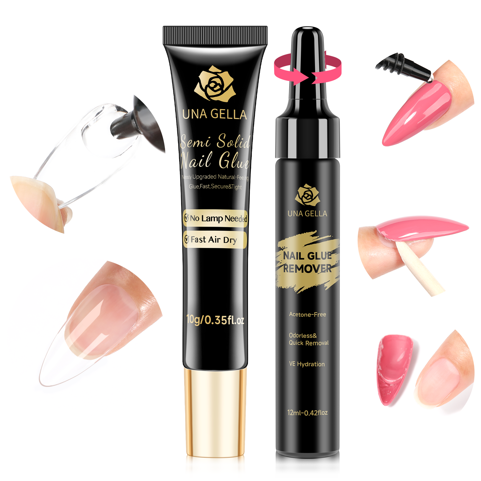 UNA GELLA semi-solid gel nail remover kit for press-on nails, no lamp needed, featuring gel remover and nail glue.