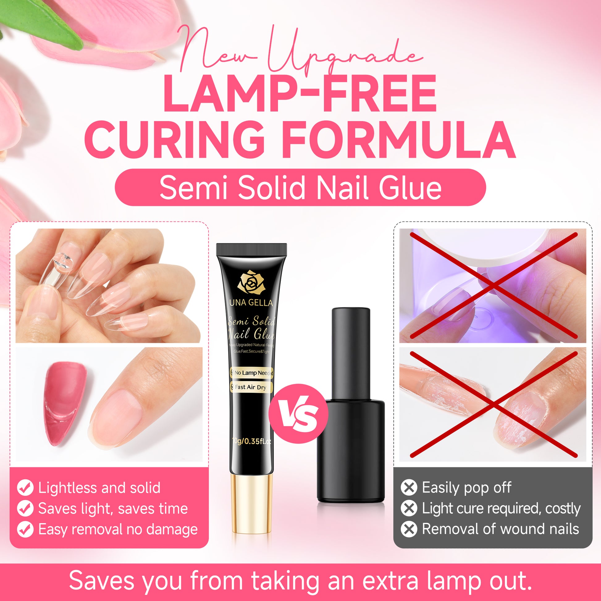 UNA GELLA semi-solid gel remover kit for press-on nails, no lamp needed, with gel remover container and application tools.