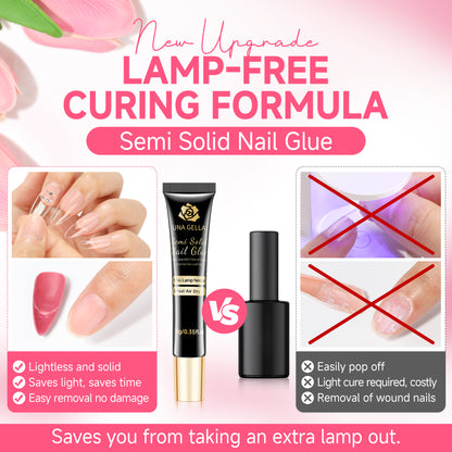 UNA GELLA semi-solid gel remover kit for press-on nails, no lamp needed, with gel remover container and application tools.