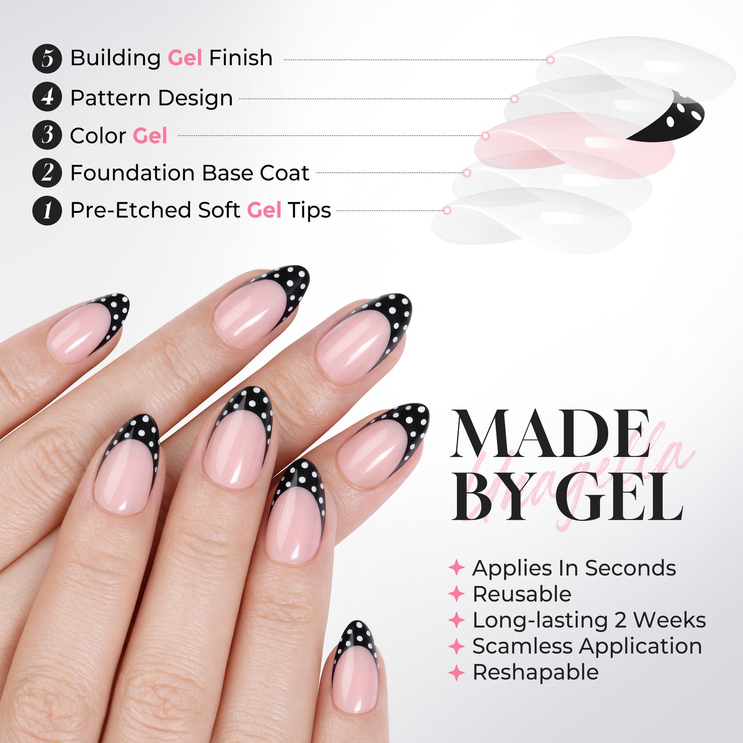 Medium soft gel press-on nails with black polka dot French tips, reusable and glossy finish.