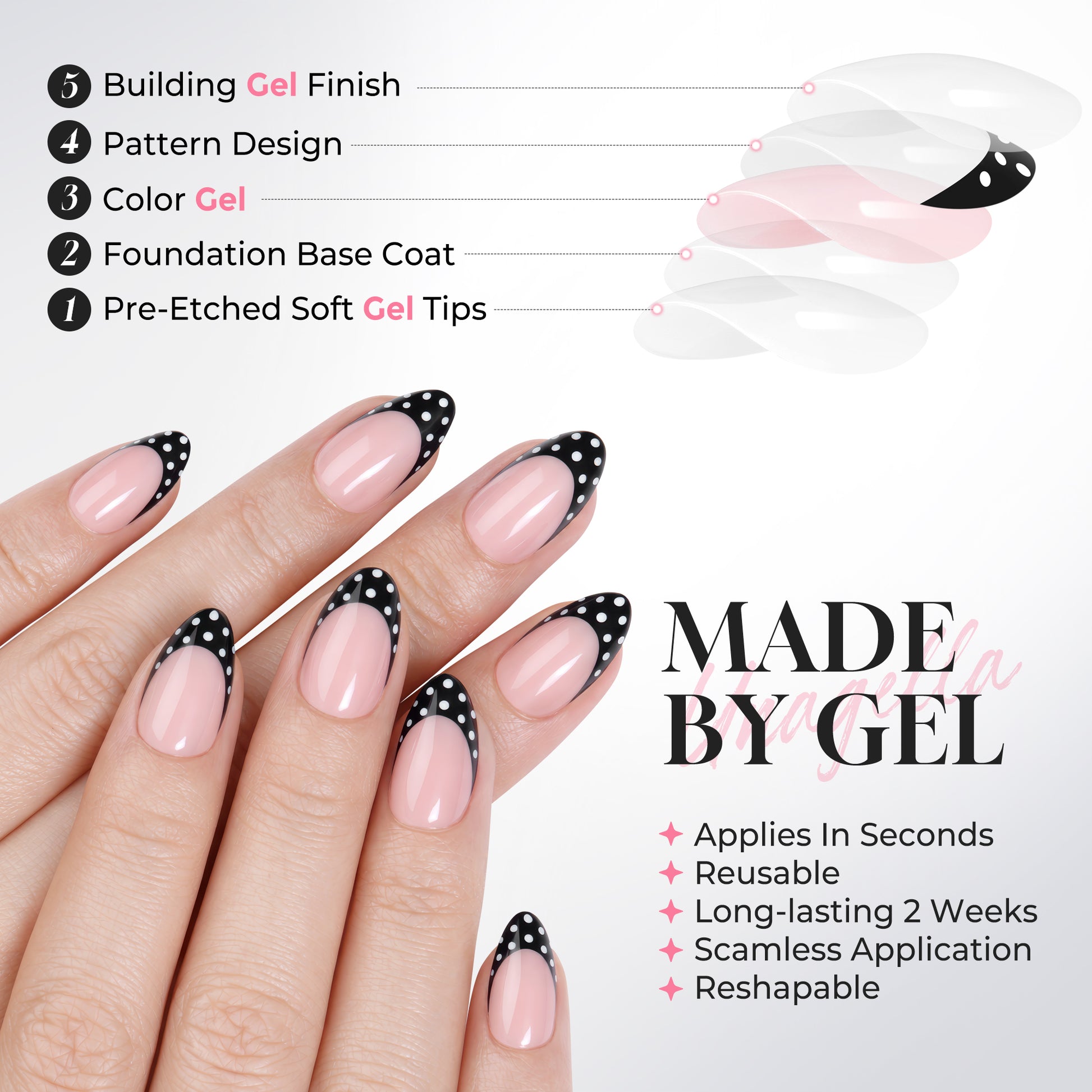 Medium soft gel press-on nails with black polka dot French tips, reusable and glossy finish.