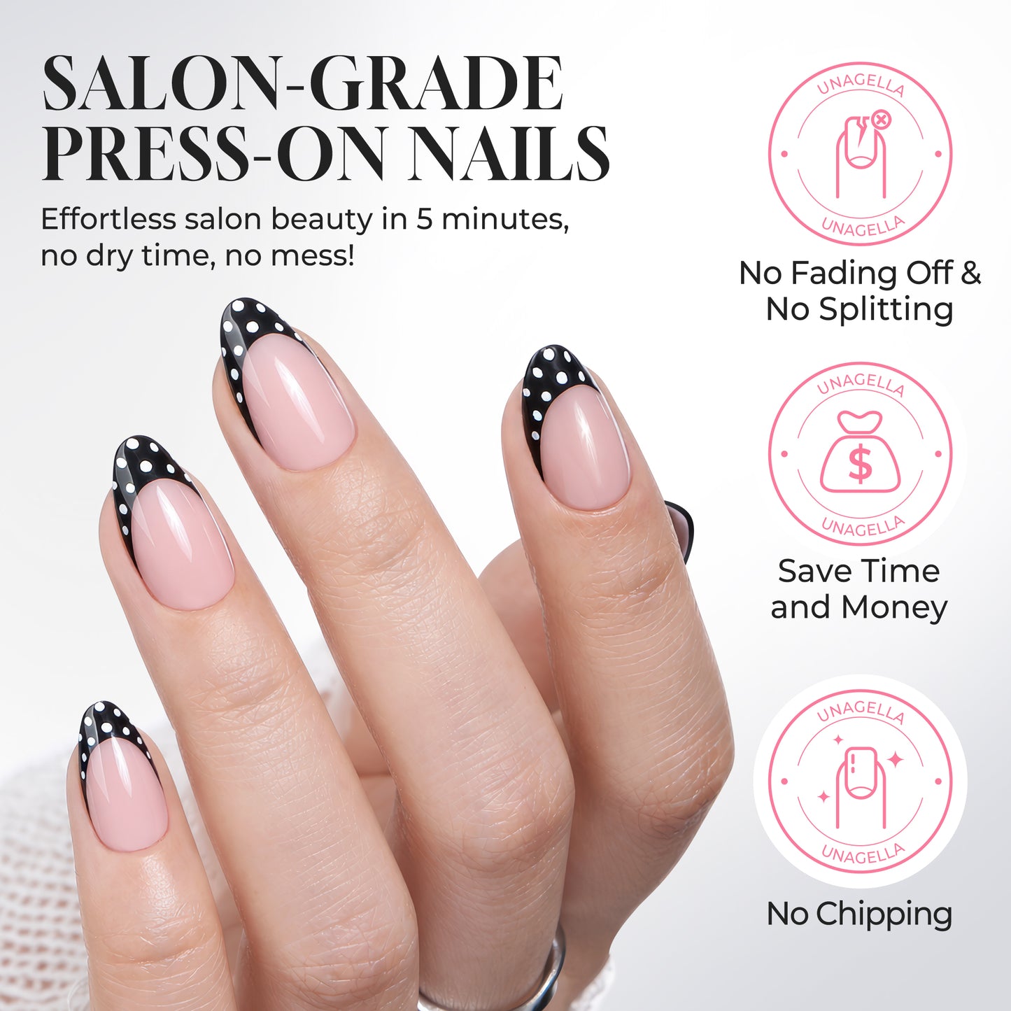 Medium soft gel press-on nails with black polka dot French tips on natural nails.