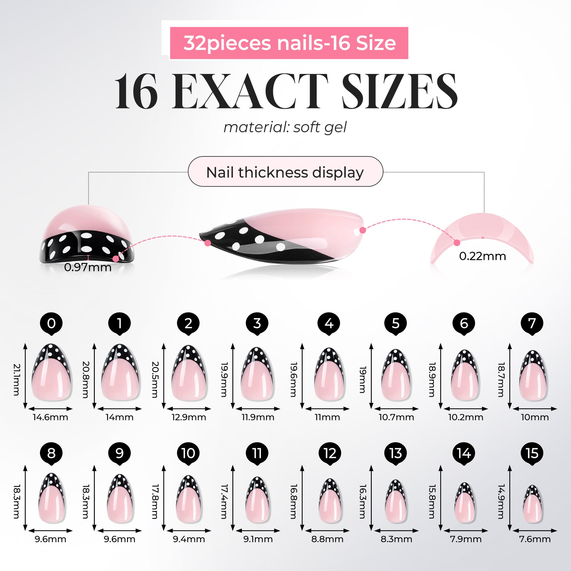 Set of 32 medium soft gel press-on nails in 16 sizes with pink and black polka dot design, 0.22mm thickness.
