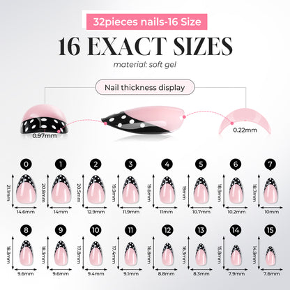 Set of 32 medium soft gel press-on nails in 16 sizes with pink and black polka dot design, 0.22mm thickness.