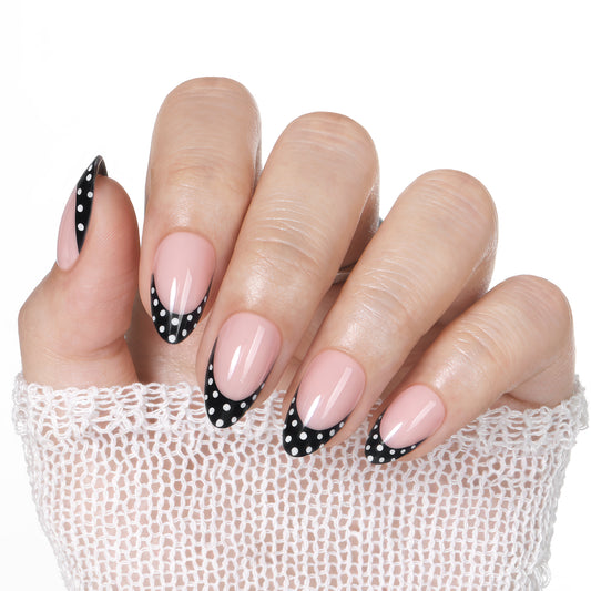 Medium reusable Polka Dot French almond press-on nails by UNA GELLA with black polka dots on soft gel, 32pcs set.