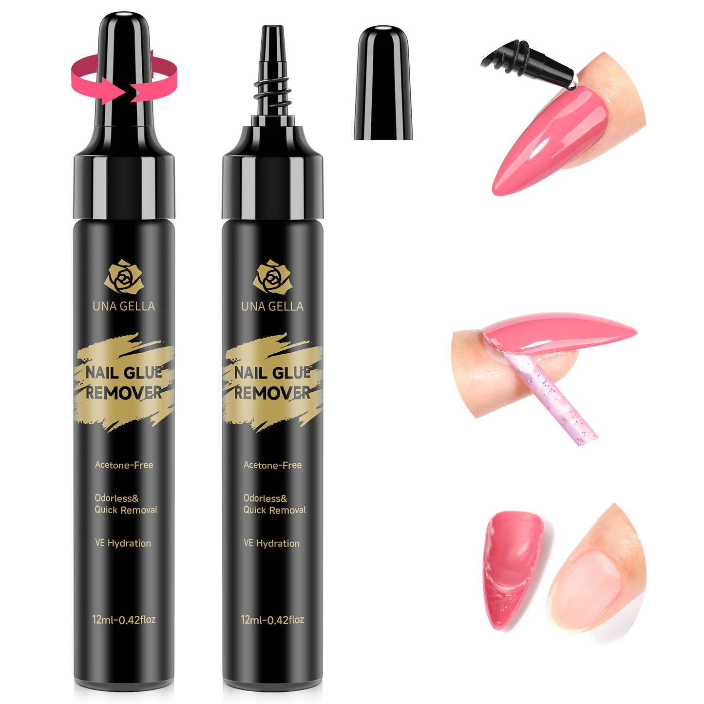 UNA GELLA Nail Polish Remover, 2 bottles of 12ml acetone-free nail glue remover for quick press-on nail removal.