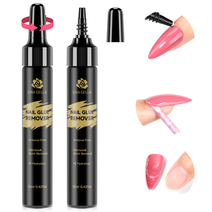 UNA GELLA Nail Polish Remover, 2 bottles of 12ml acetone-free nail glue remover for quick press-on nail removal.