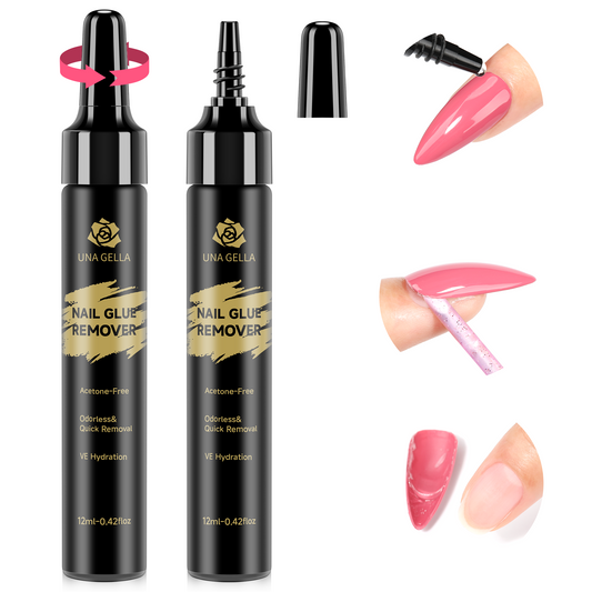 UNA GELLA Nail Polish Remover, 2 bottles of 12ml acetone-free nail glue remover for quick press-on nail removal.