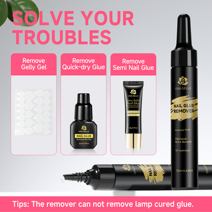 UNA GELLA Nail Polish Remover, acetone-free, 12ml bottles, quick press-on nail removal, suitable for non-UV gel nails.