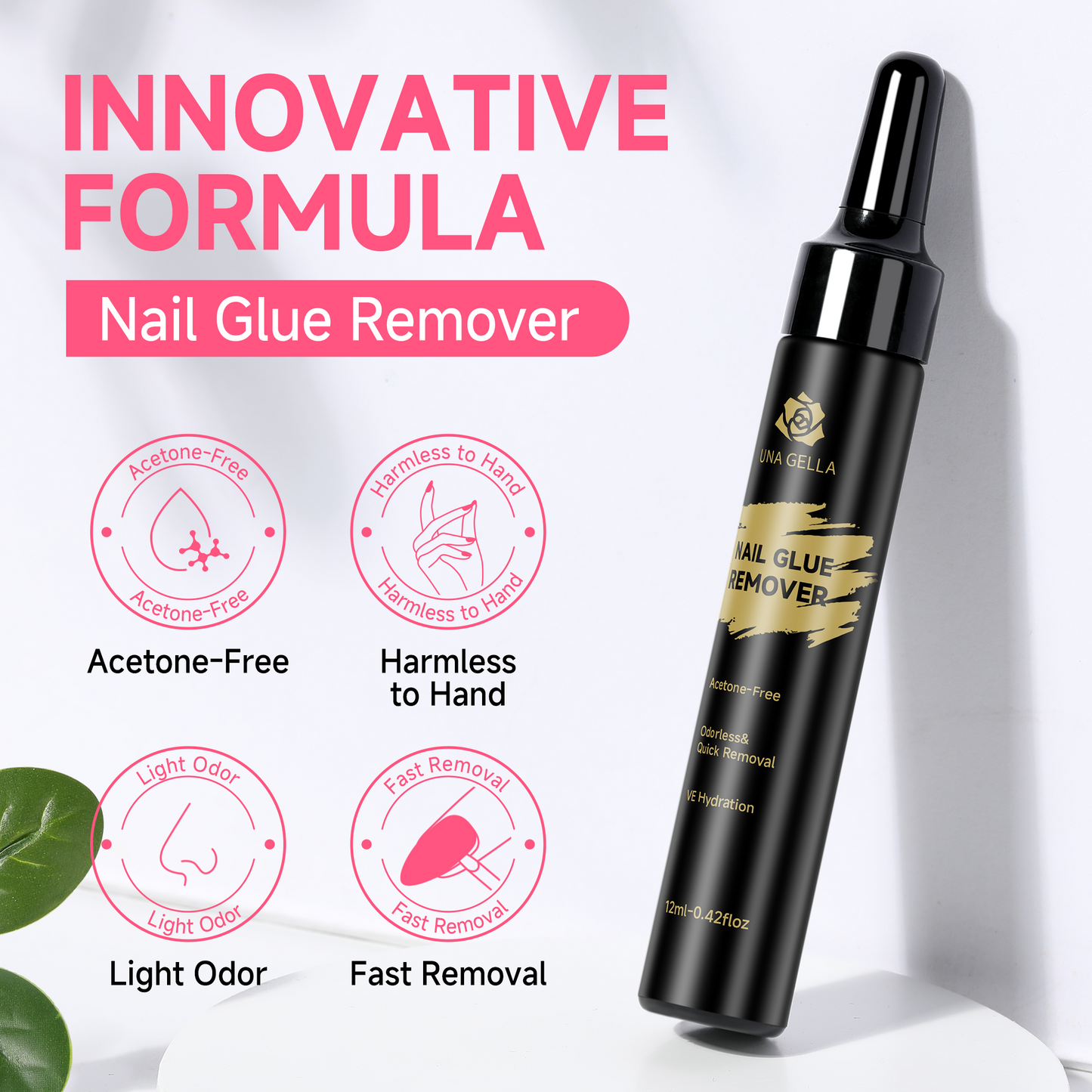 UNA GELLA Nail Polish Remover for press-on nails, acetone-free, 12ml bottles, quick removal, ideal for easy nail polish removal.