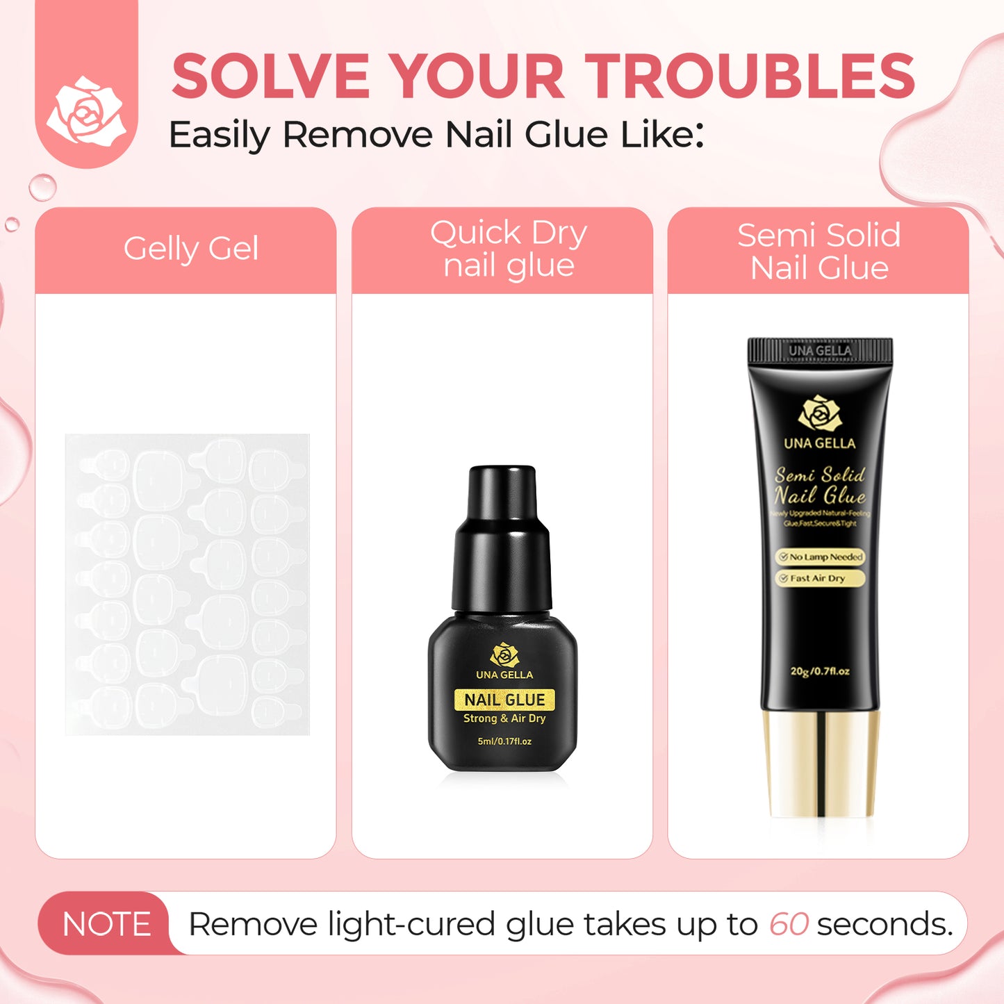 UNA GELLA 30ml nail polish remover with built-in pry tool, acetone-free press-on nail glue remover, and gentle solution for nails.