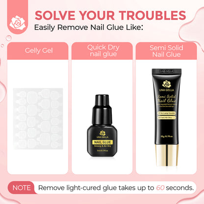 UNA GELLA 30ml nail polish remover with built-in pry tool, acetone-free press-on nail glue remover, and gentle solution for nails.