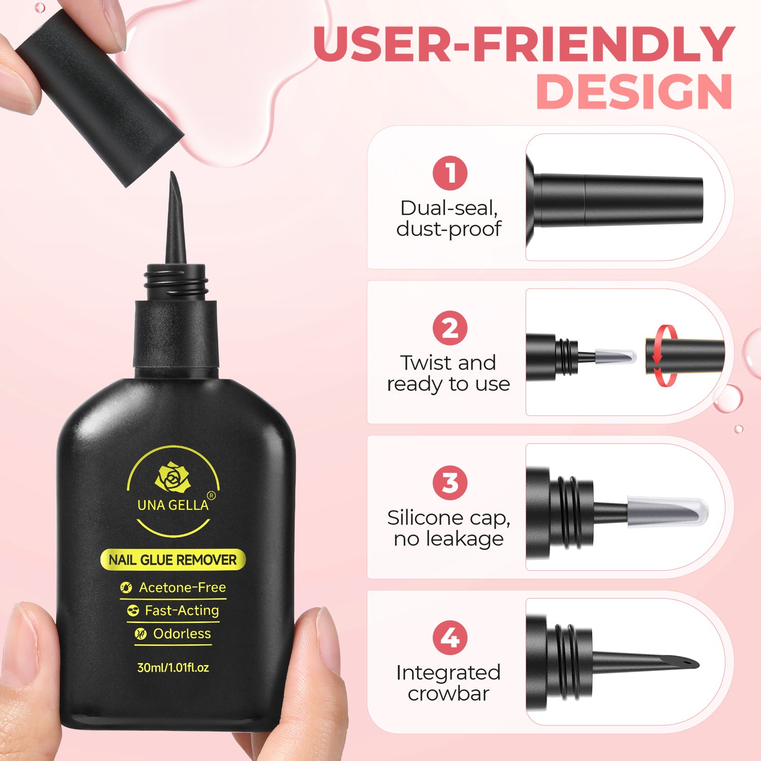 UNA GELLA 30ml nail polish remover with built-in pry tool, acetone-free press-on nail glue remover in clear bottle