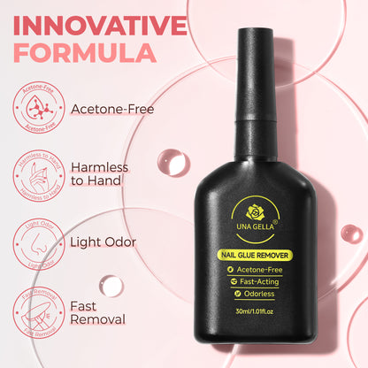 UNA Gella 30ml acetone-free nail polish remover with built-in pry tool for press-on nails, designed for gentle, effective nail glue removal.