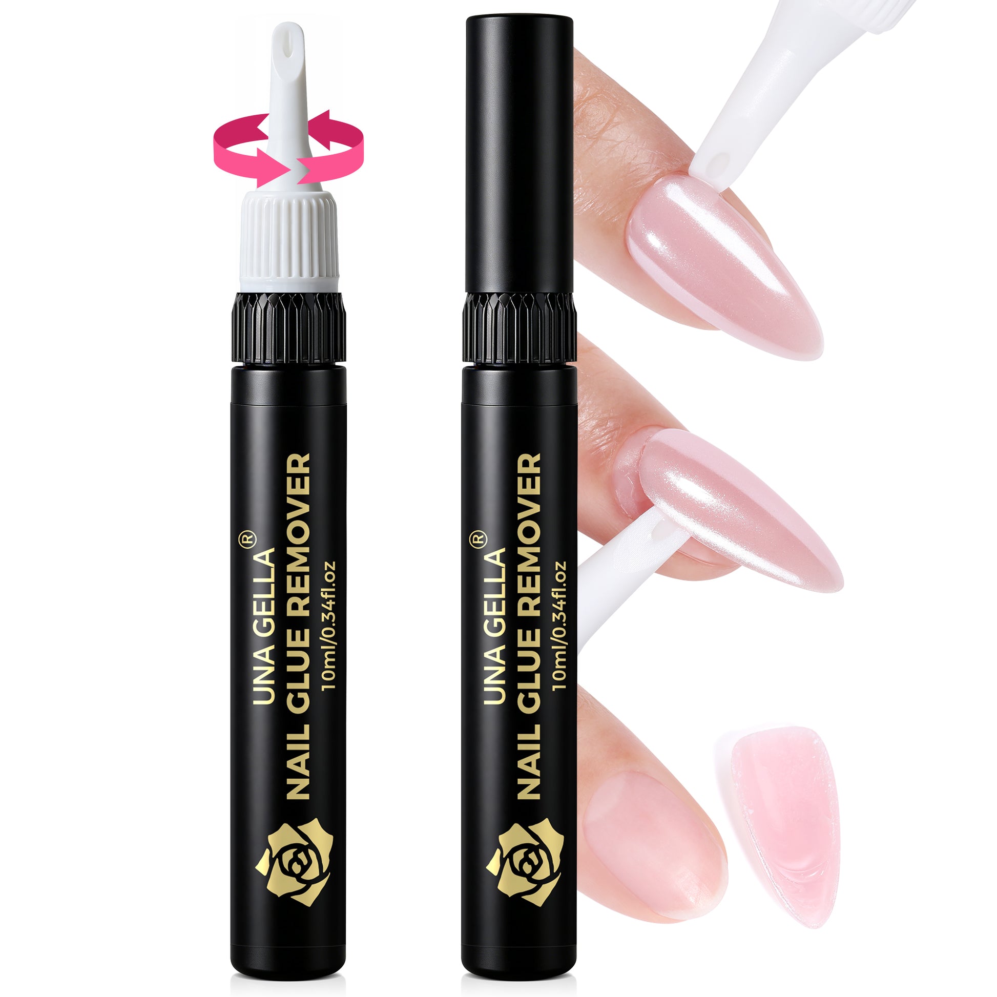 UNA GELLA nail polish remover for press-on nails, acetone-free, 2×10ml bottles, specialized adhesive remover for artificial nails.