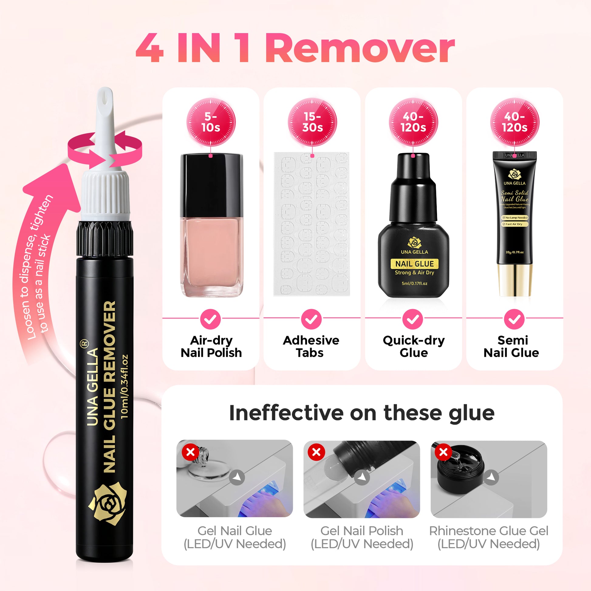 UNA GELLA Nail Glue Remover, acetone-free, 2×10ml, specialized for press-on and artificial nails, gentle nail polish remover