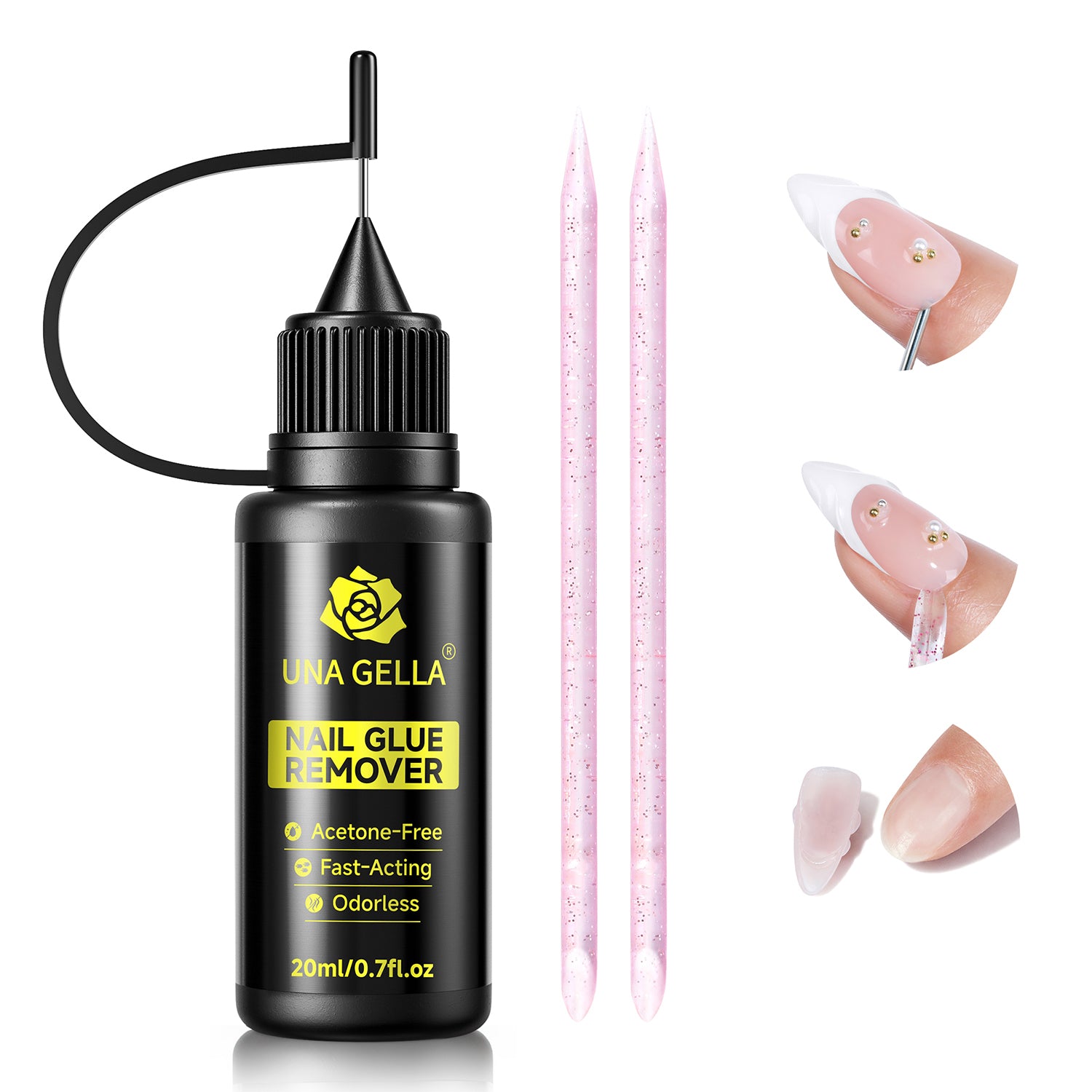 UNA GELLA nail polish remover for artificial nails, acetone-free, gentle gel remover in a 20ml bottle, focuses on nails and product label.