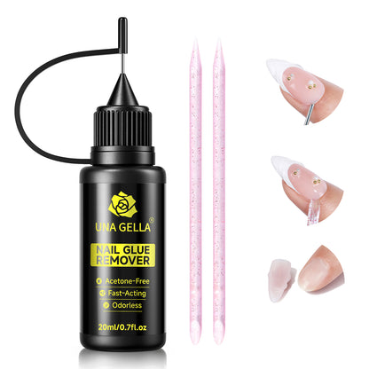 UNA GELLA nail polish remover for artificial nails, acetone-free, gentle gel remover in a 20ml bottle, focuses on nails and product label.