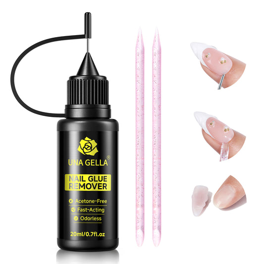 UNA GELLA nail polish remover for artificial nails, acetone-free, gentle gel remover in a 20ml bottle, focuses on nails and product label.
