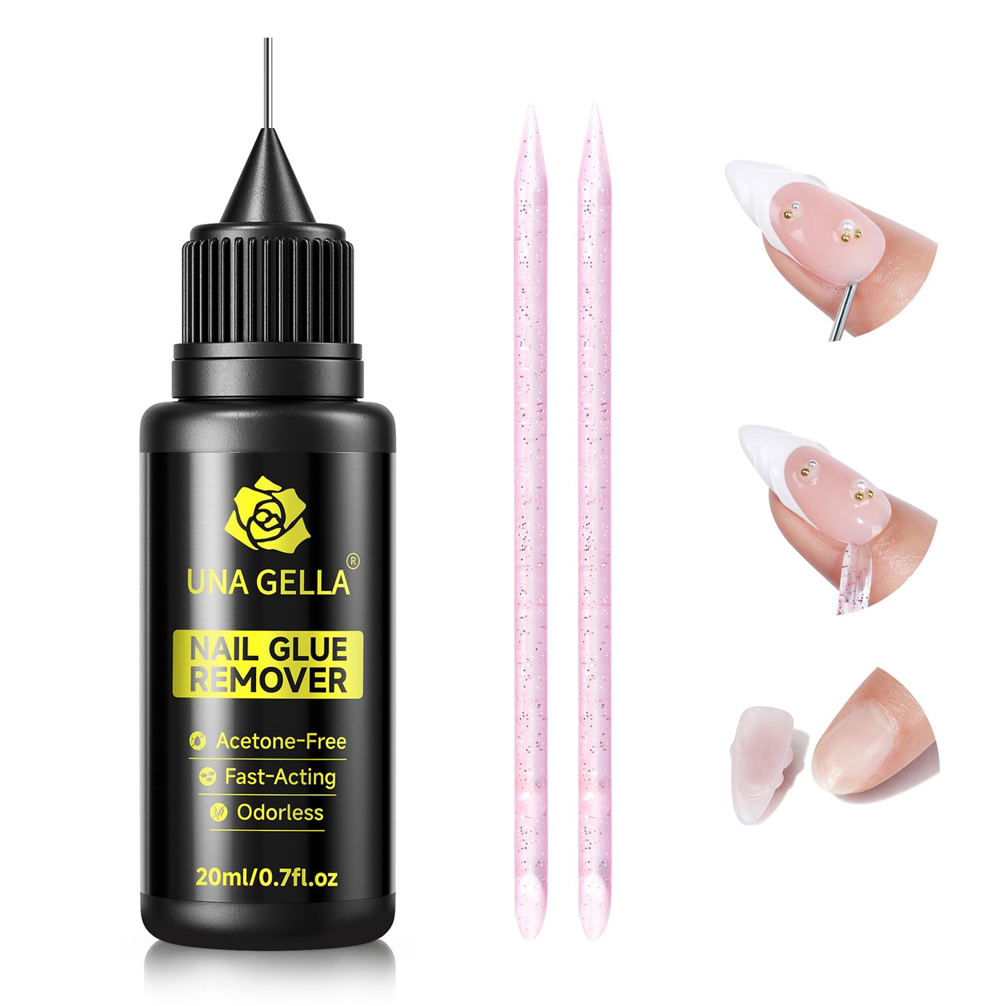 UNA GELLA nail polish remover for artificial nails, acetone-free and gentle, in a 20ml bottle with a secure cap.