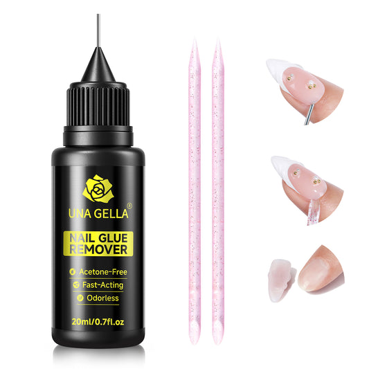 UNA GELLA nail polish remover for artificial nails, acetone-free and gentle, in a 20ml bottle with a secure cap.