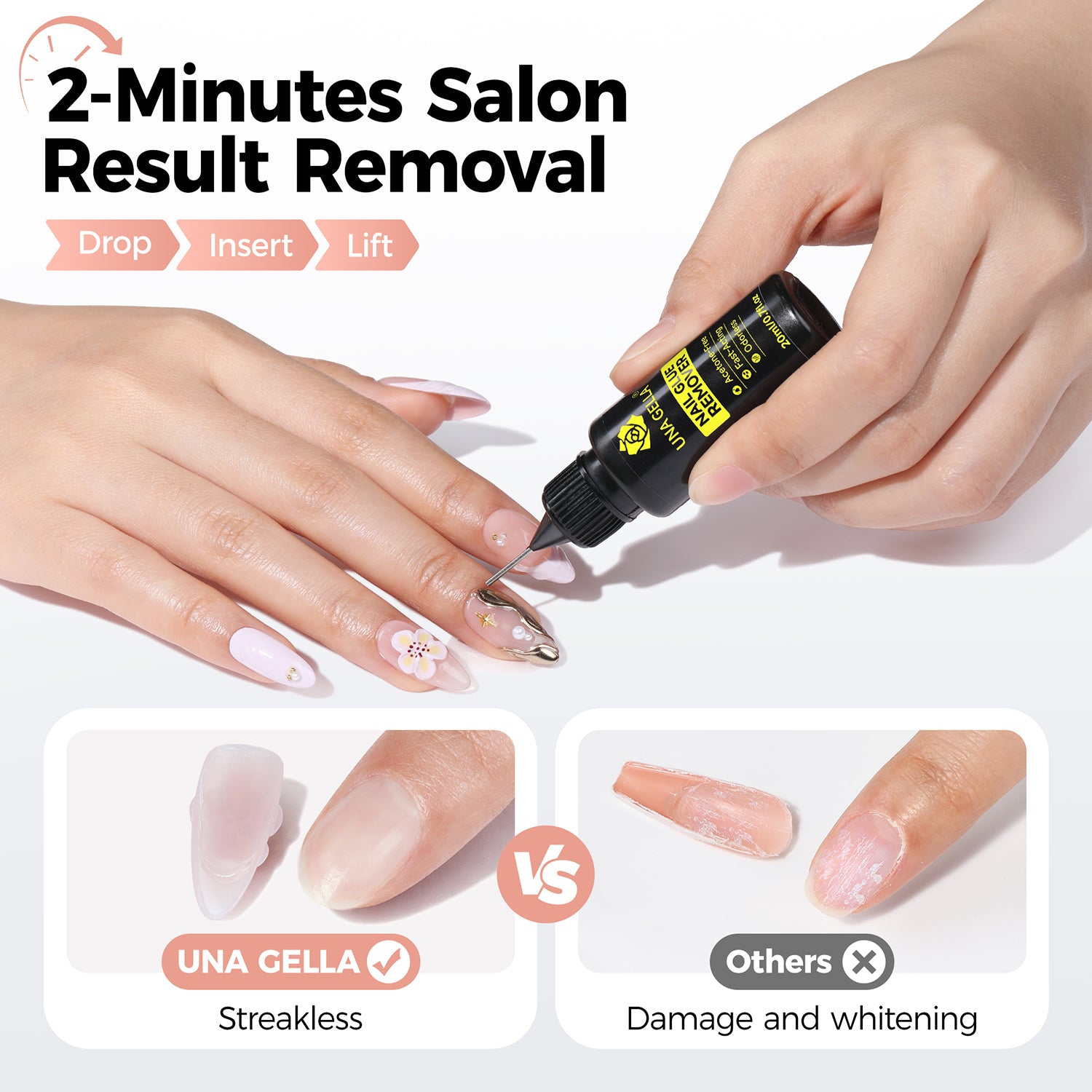UNA GELLA nail polish remover bottle, acetone-free gel remover for artificial nails, 20ml, gentle and effective adhesive remover.