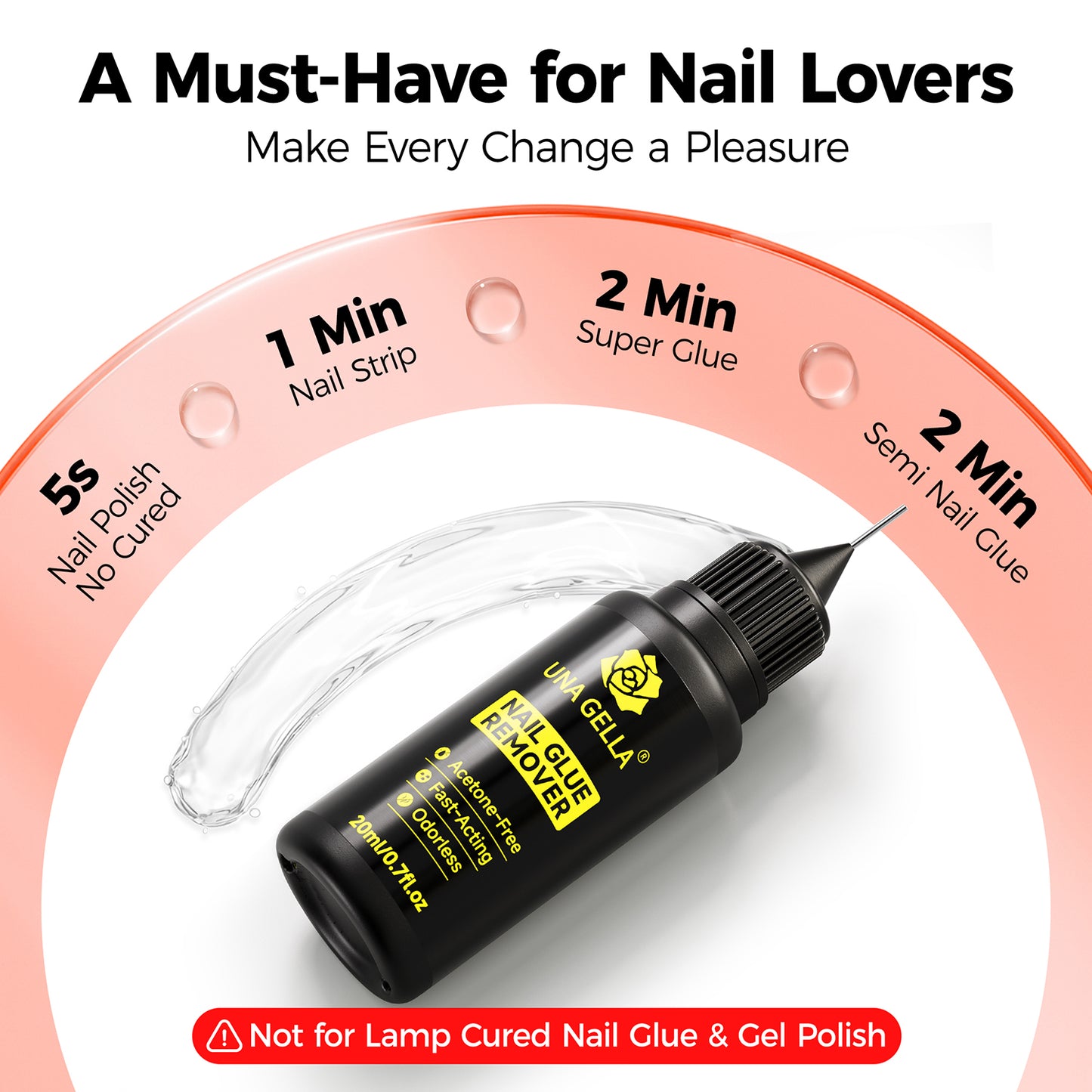 UNA GELLA nail polish remover bottle, acetone-free gentle adhesive remover for artificial and natural nails, 20ml.