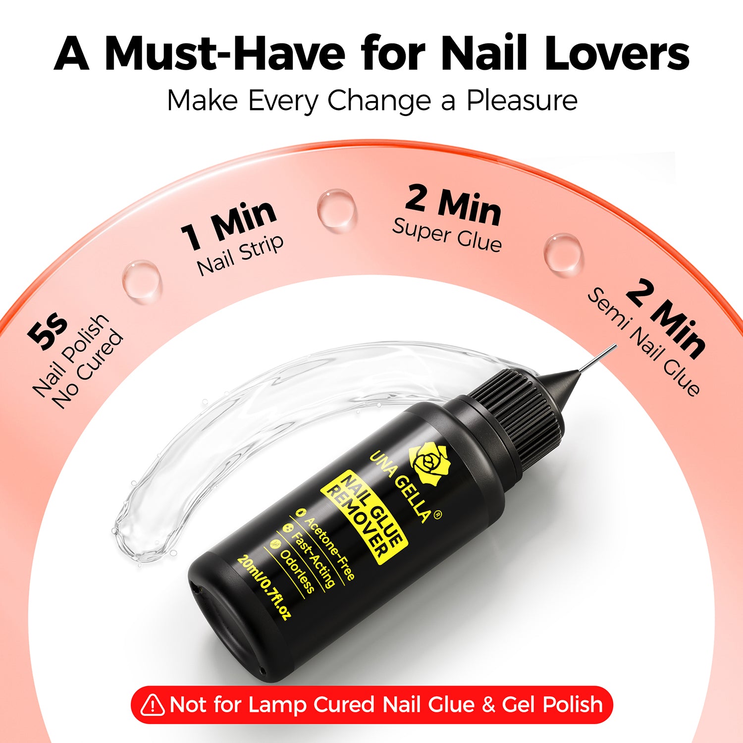 UNA GELLA nail polish remover bottle, acetone-free gentle adhesive remover for artificial and natural nails, 20ml.