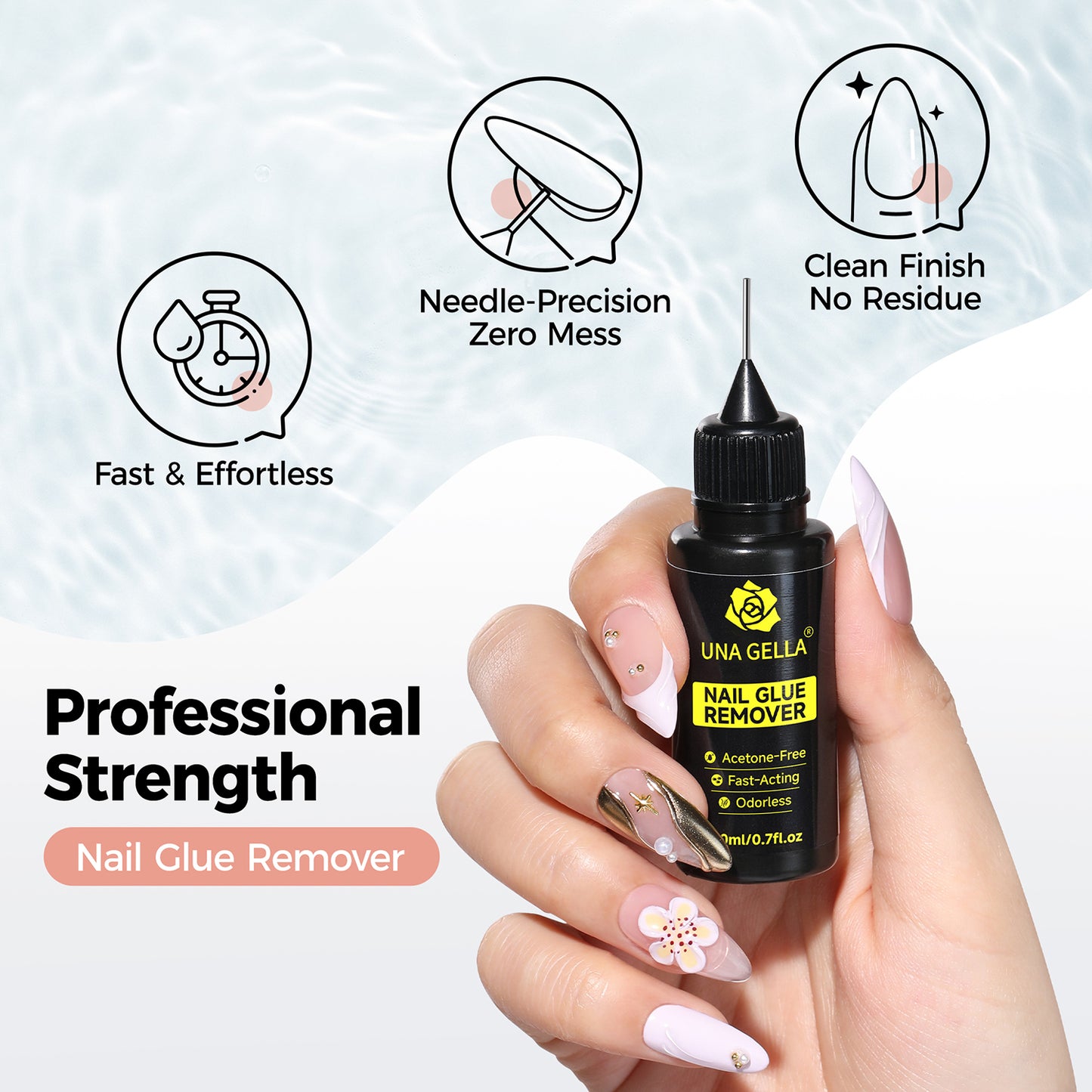 UNA GELLA nail polish remover bottle, acetone-free gel remover for artificial nails, 20ml, gentle and effective.