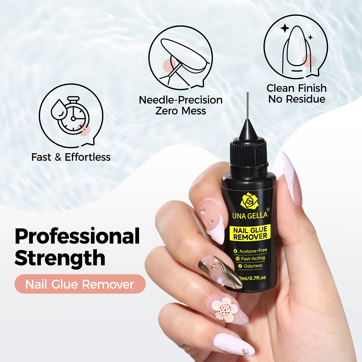 UNA GELLA nail polish remover bottle, acetone-free gel remover for artificial nails, 20ml, gentle and effective.