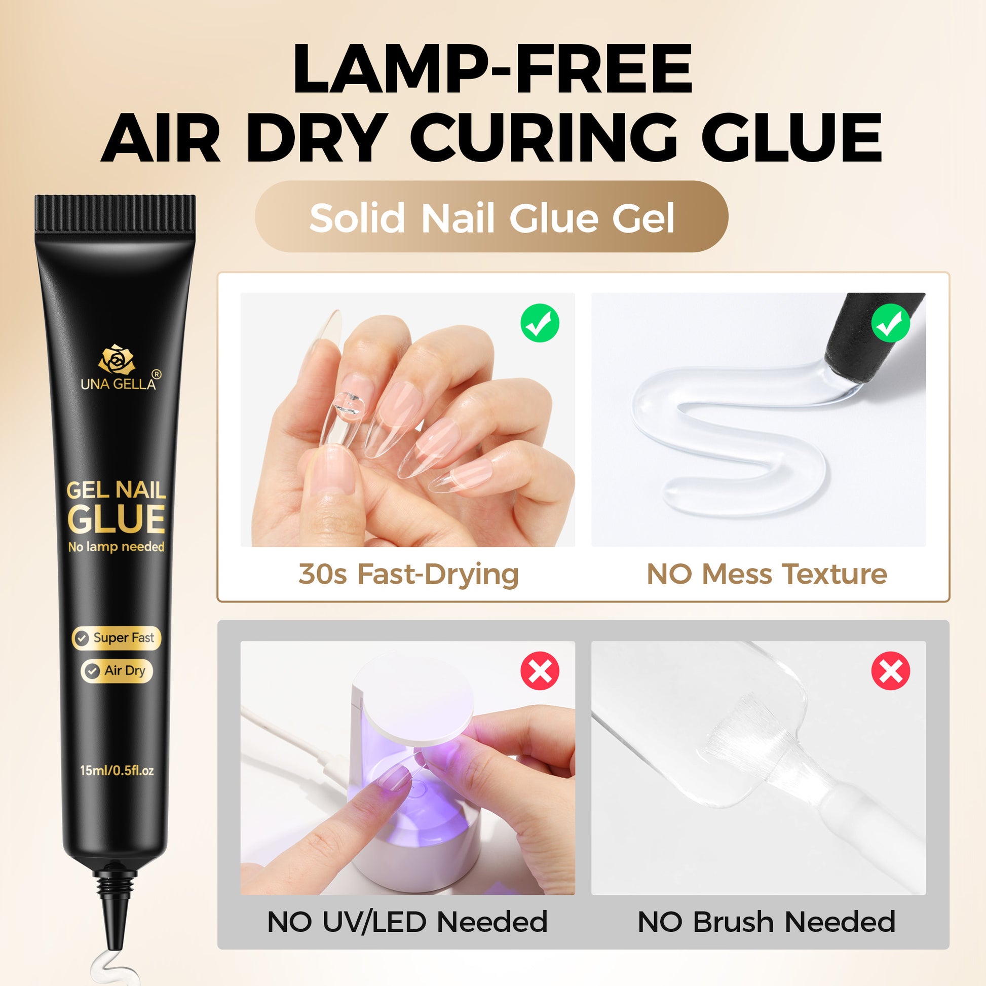 UNA GELLA Nail Repair Gel 15g, air-dry gel for press-on nails, no UV lamp needed, strong and durable nail adhesive.