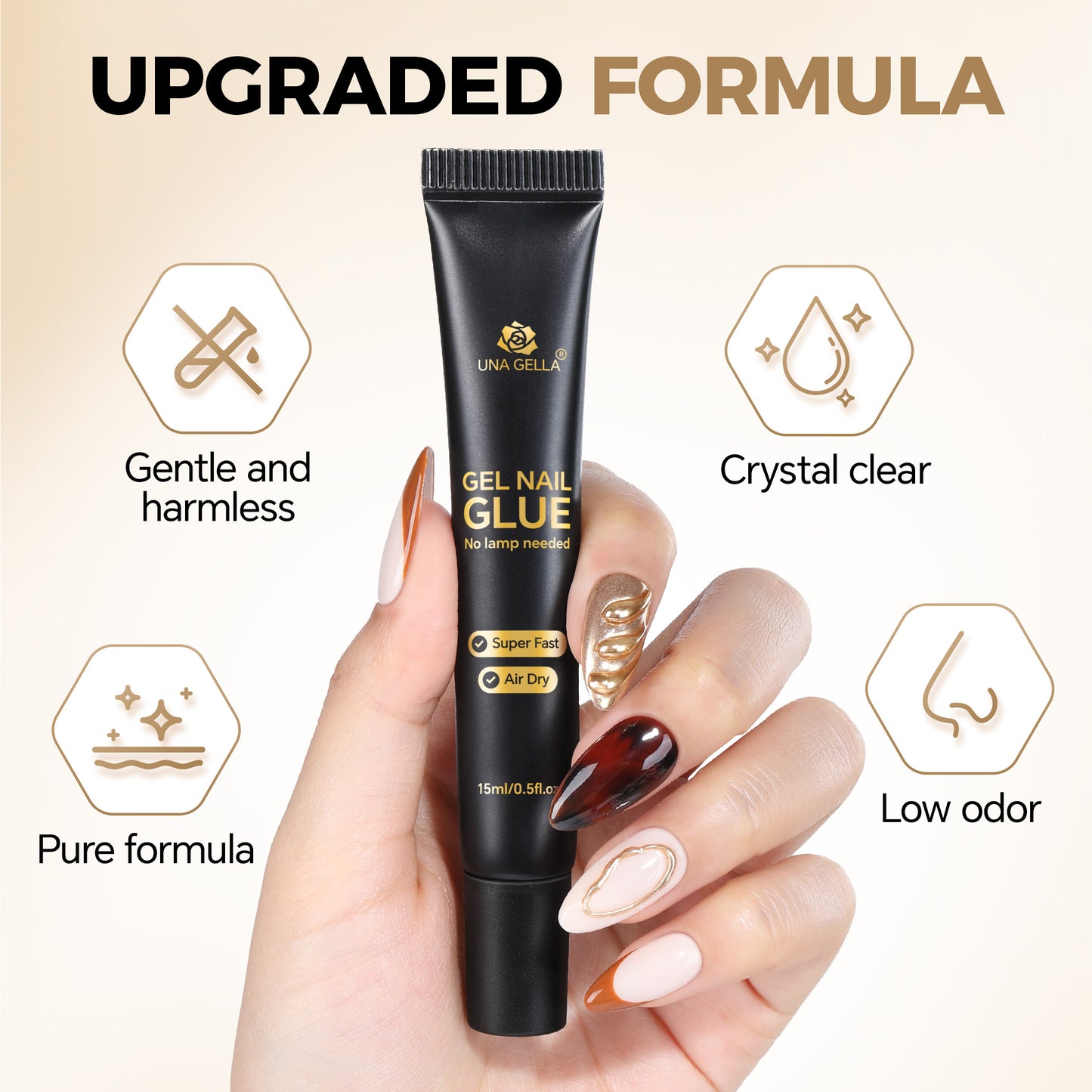 UNA GELLA Nail Repair Gel 15g, air-dry gel for press-on nails, no UV lamp needed, with a smooth, strong nail gel texture.