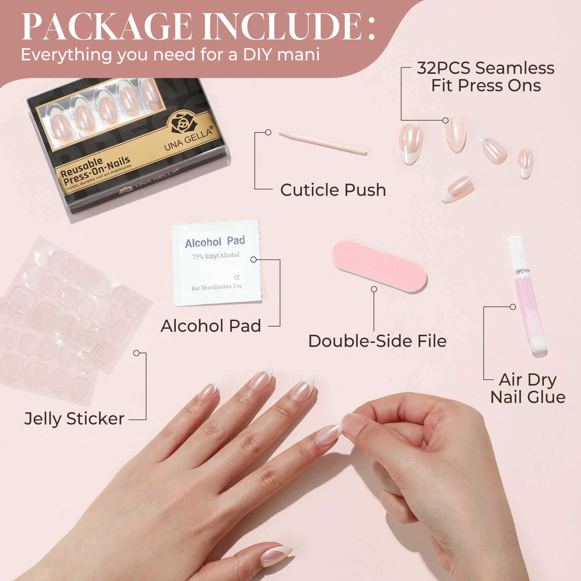 Almond-shaped French soft gel press-on nails by UNA GELLA, short reusable nail tips with a natural almond and French tip design.