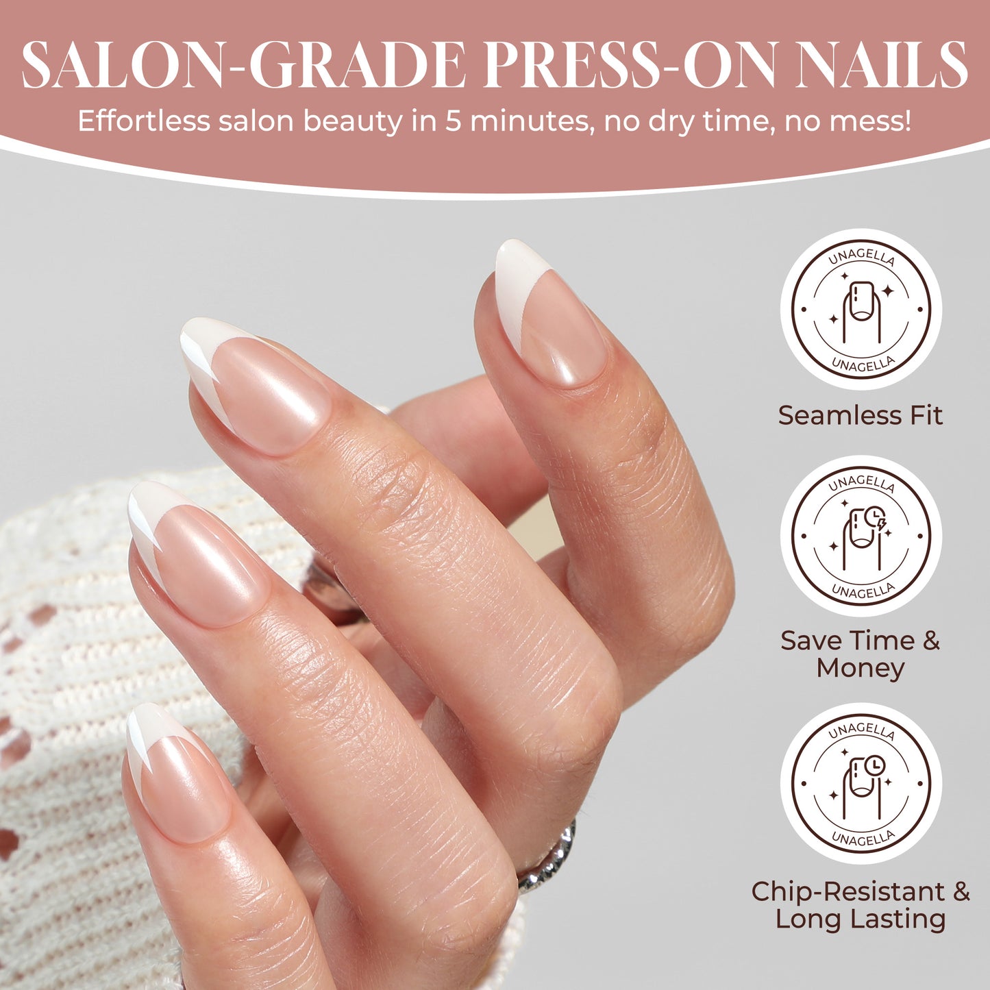 Almond-shaped UNA GELLA Soft Gel Press-On Nails with French short design, reusable nail tips for a stylish manicure.