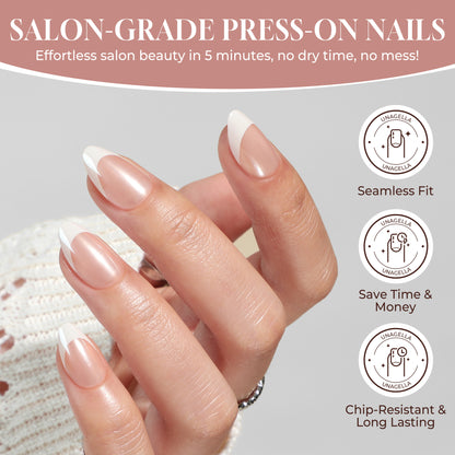 Almond-shaped UNA GELLA Soft Gel Press-On Nails with French short design, reusable nail tips for a stylish manicure.