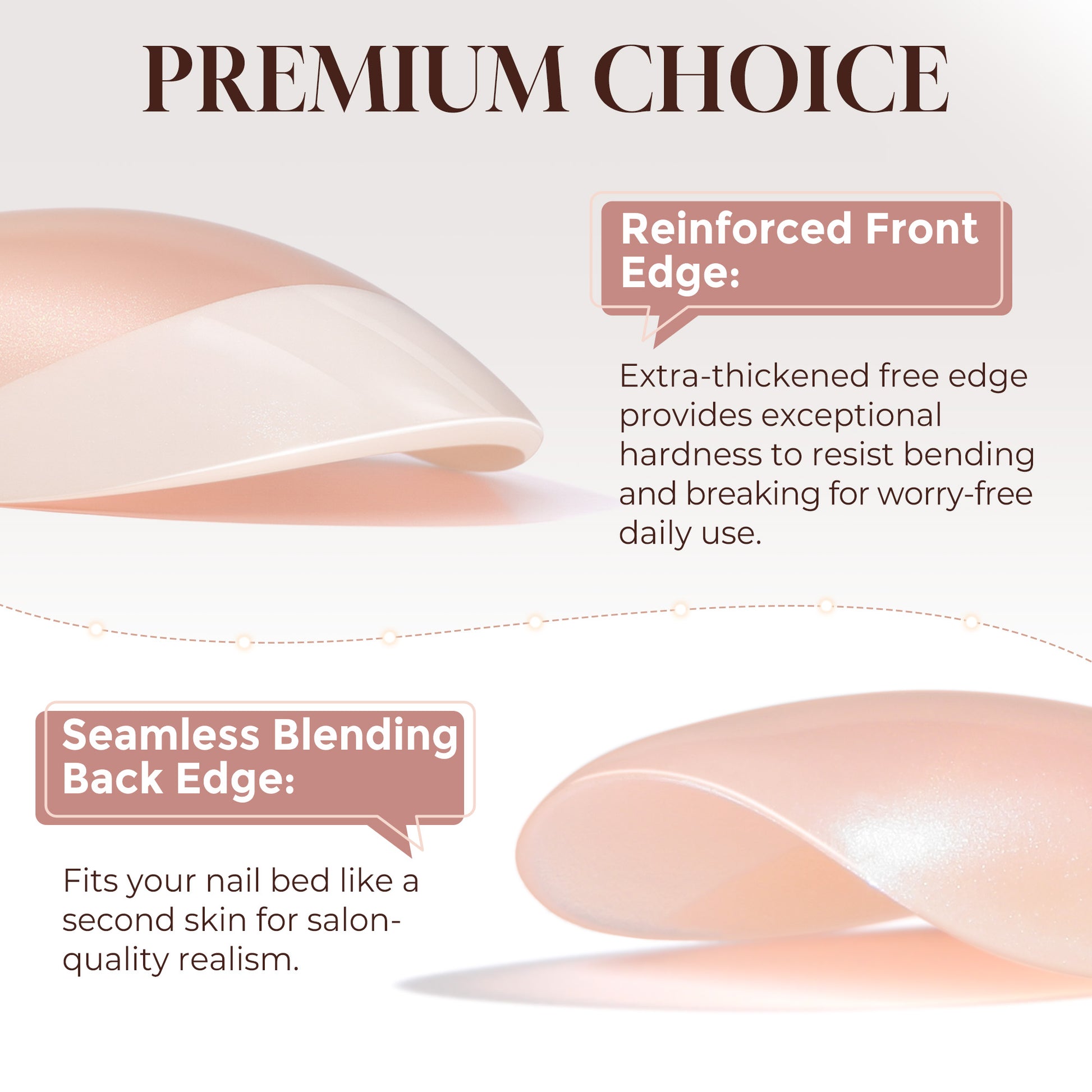 Almond-shaped French soft gel press-on nails by UNA GELLA, short reusable nail tips with a natural French manicure look.