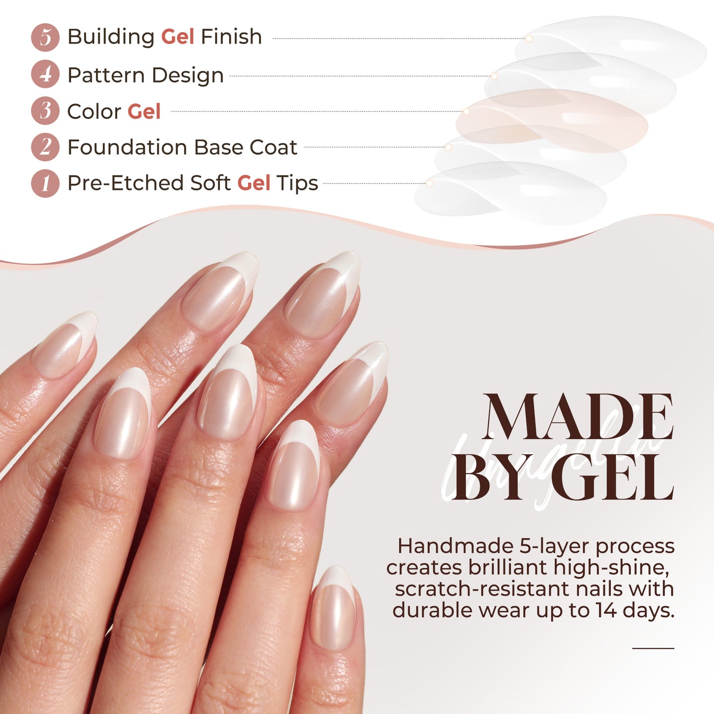 Almond-shaped UNA GELLA soft gel press-on nails with French short style, reusable nail tips with natural finish.