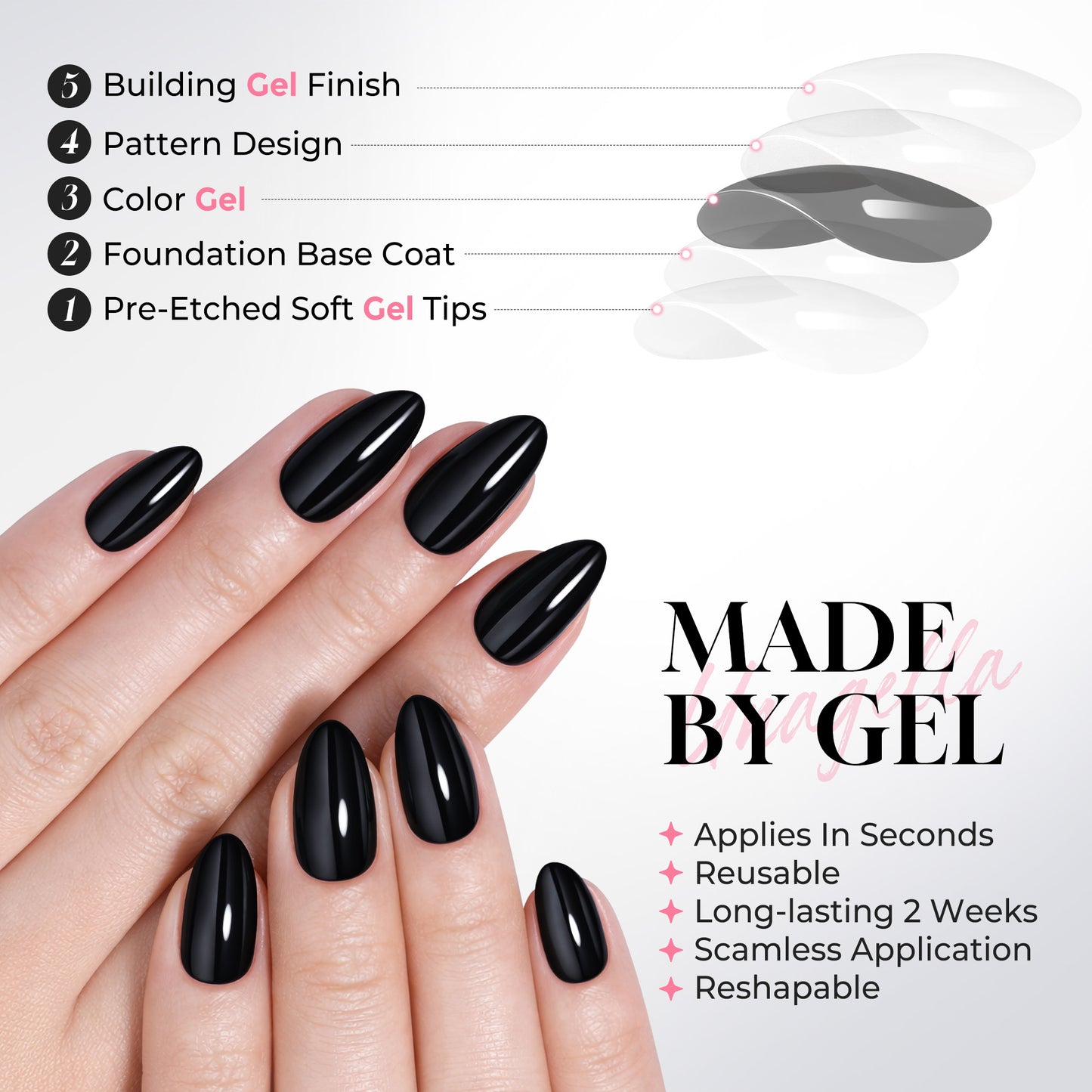 Black almond-shaped press-on nails by UNA GELLA, reusable gel nail tips, 32 pieces in multiple sizes for natural-looking manicures.